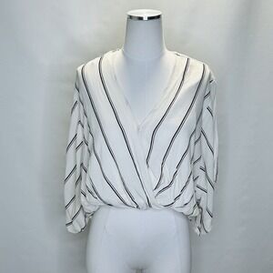 Free People Boho White Black Striped Top Crop Blouse Kimono Sleeve Size Small